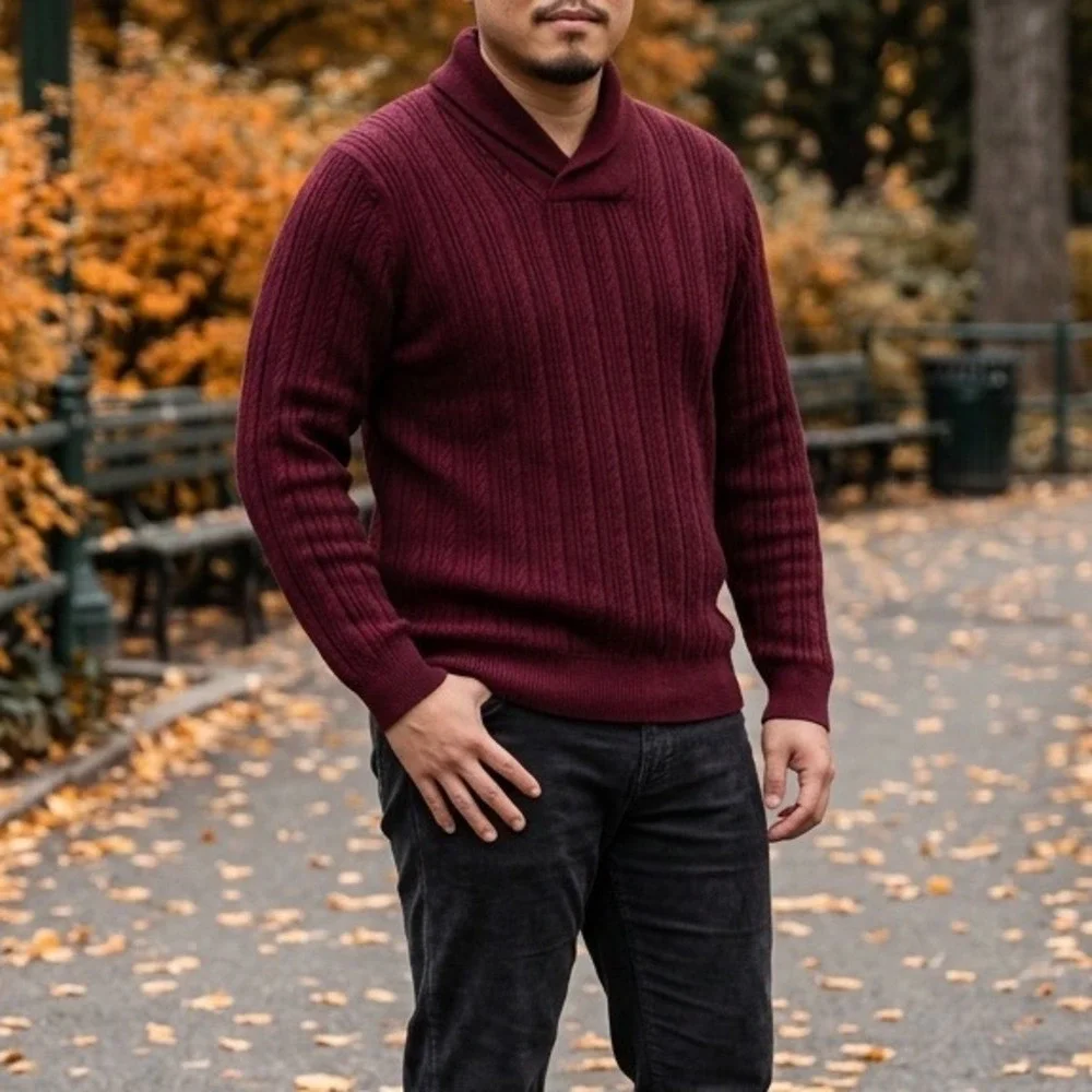 Chaps Mens Shawl Collar Cable Knit Cotton Sweater Burgundy Red Large RN41381